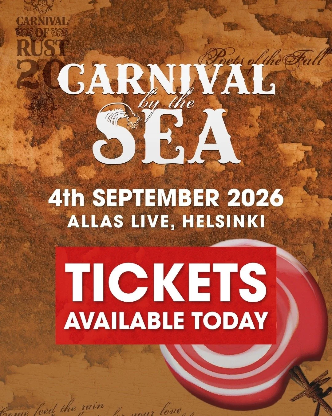 𝗖𝗮𝗿𝗻𝗶𝘃𝗮𝗹 𝗯𝘆 𝘁𝗵𝗲 𝗦𝗲𝗮 &mdash; 𝗧𝗜𝗖𝗞𝗘𝗧𝗦 𝗢𝗡 𝗦𝗔𝗟𝗘 𝗧𝗢𝗗𝗔𝗬!

In 2026, 𝘊𝘢𝘳𝘯𝘪𝘷𝘢𝘭 𝘰𝘧 𝘙𝘶𝘴𝘵 celebrates its 20th anniversary and we&rsquo;re bringing a magical anniversary show to 🎪 Allas Live, Helsinki, on 4 Septemb