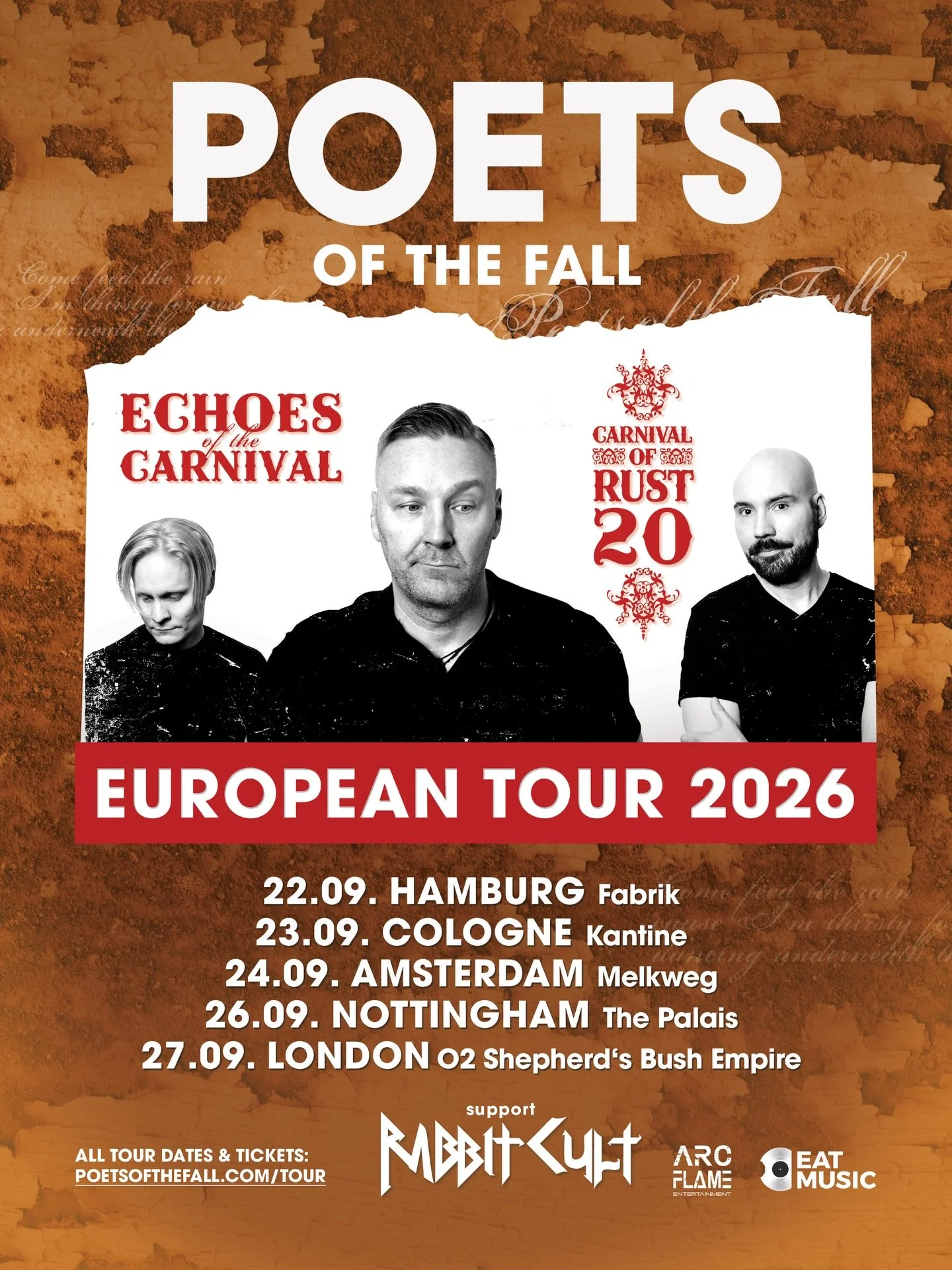 NEW TOUR DATES ADDED 🔥🔥🔥

We&rsquo;ll be seeing you in Germany, the Netherlands &amp; the UK this September! We&rsquo;re absolutely delighted to get back on the road and bring the Carnival of Rust Anniversary Show to you. Grab your tickets NOW!

?