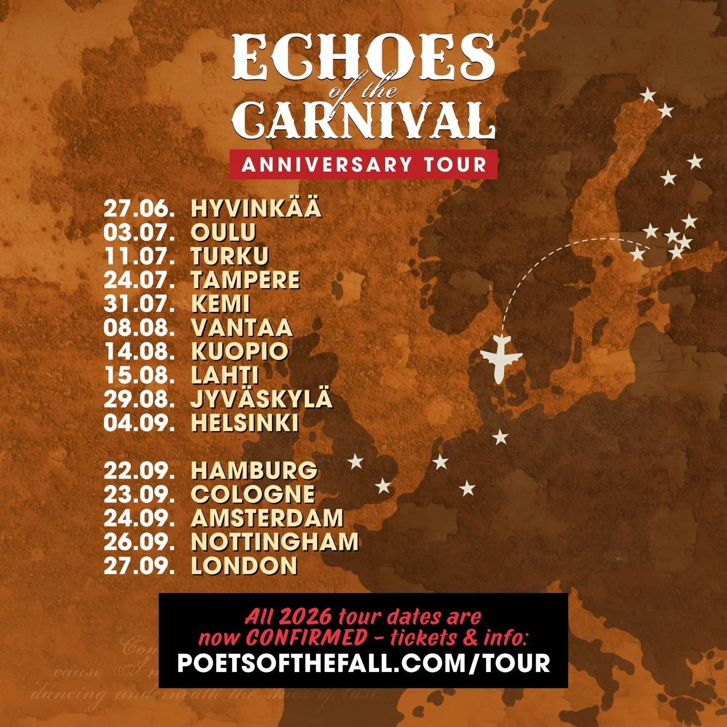 The tour dates are finalized and confirmed. Come and see us this year&mdash;we promise to make it worth your while! 🔥

Who&rsquo;s coming and where will we see you!? 

Tickets and venue info: poetsofthefall.com/tour

#poetsofthefall #echoesofthecarn