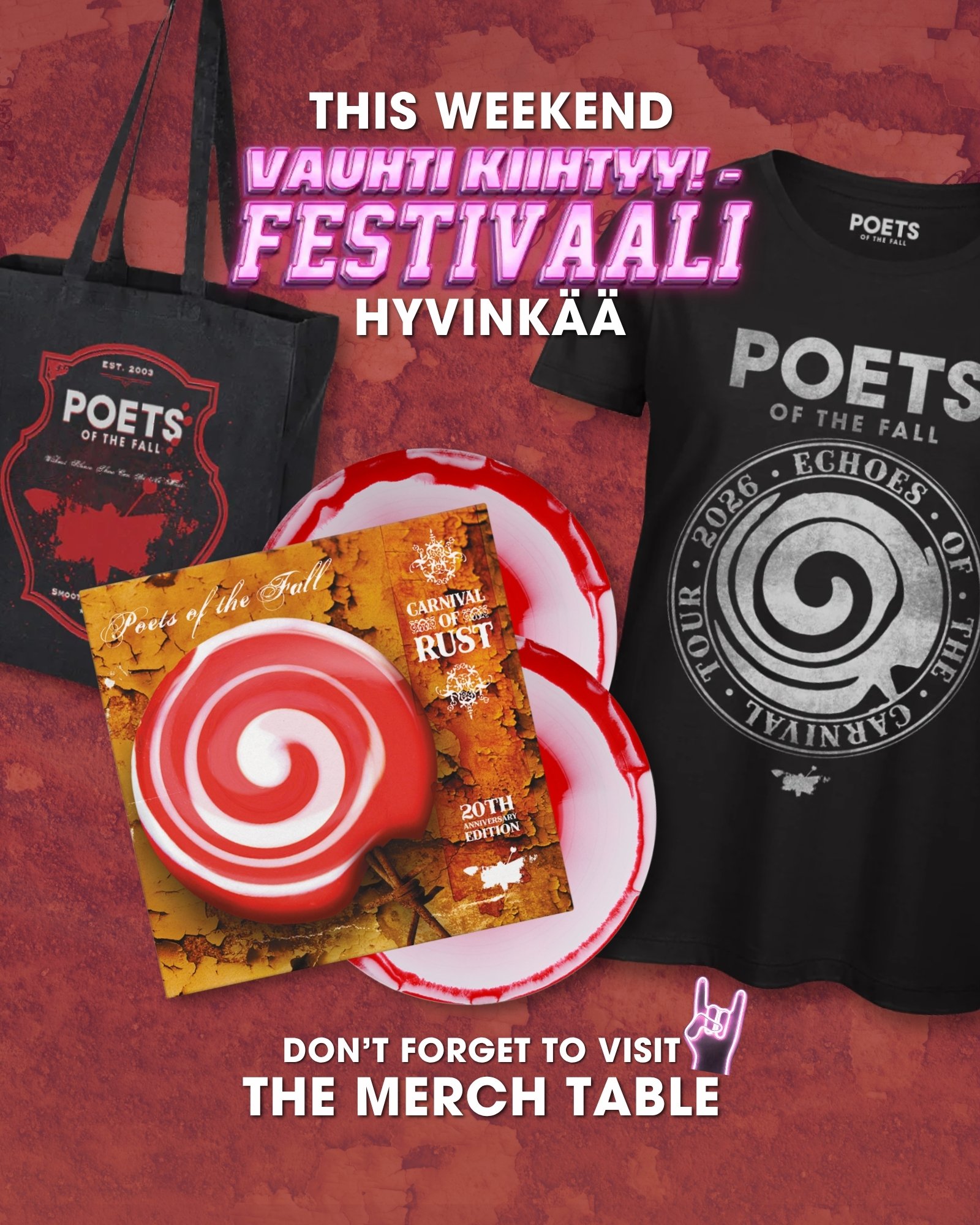 Hey friends &mdash; don't forget to stop by the merch table this Saturday at the Vauhti Kiihtyy Festival in Hyvink&auml;&auml; 😎 

Grab your favorite piece of merch and make sure you're festival-ready before the show. See you on Saturday!! 🔥🎸

P.S