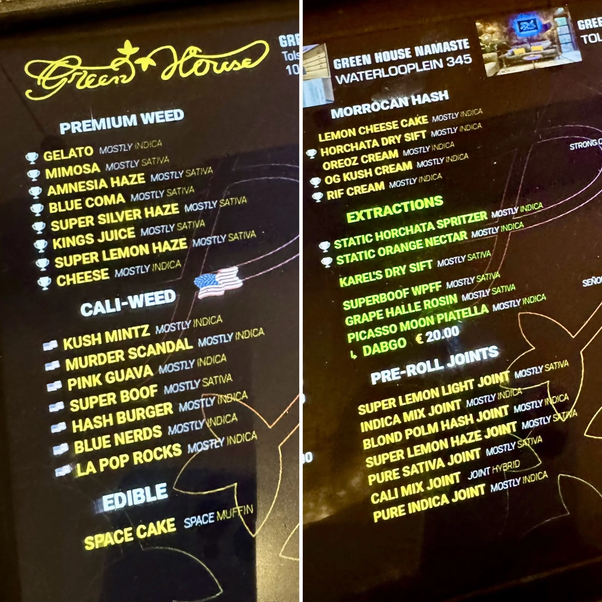 A menu listing various types of legal soft drugs for sale at this Amsterdam coffee shop
