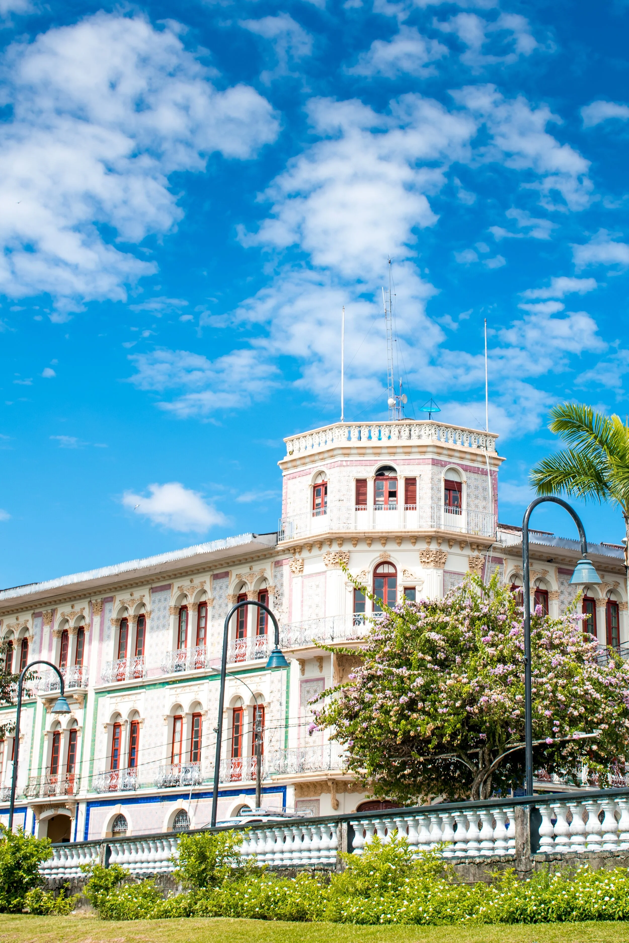 There are many large beautiful buildings such as this one scattered around Iquitos, especially around the Plaza de Armas. They were constructed in the 1920s during the rubber boom when the city was very wealthy. Although many of them have since fallen into disrepair, there are still some beautiful well-maintained buildings.