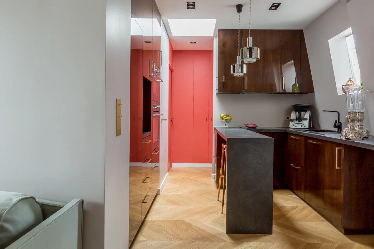 After - American walnut &amp; brass: a touch of luxury in this pocket-sized kitchen