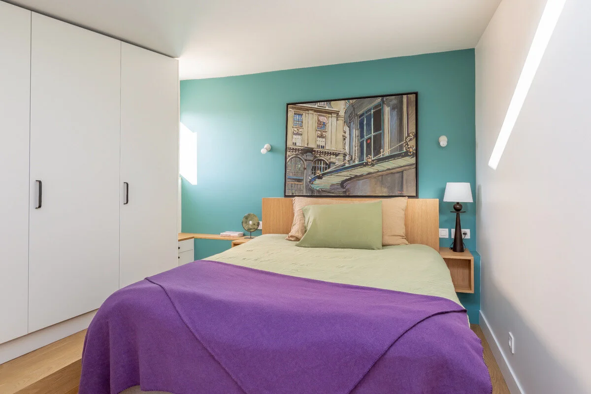 After - Custom made cabinets, headboard, side boards &amp;  a touch of blue!