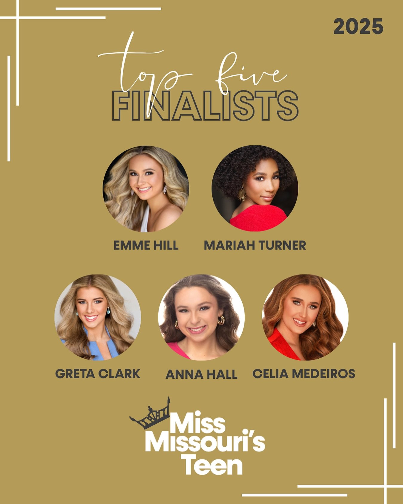 Give it up for your TOP FIVE FINALISTS!! 👑

One step closer to meeting Miss Missouri&rsquo;s Teen 2025! 

Congratulations ladies! 💛

#missmissouri #missmissouriorganization #missmissouristeen #topfive #pageant #missamerica