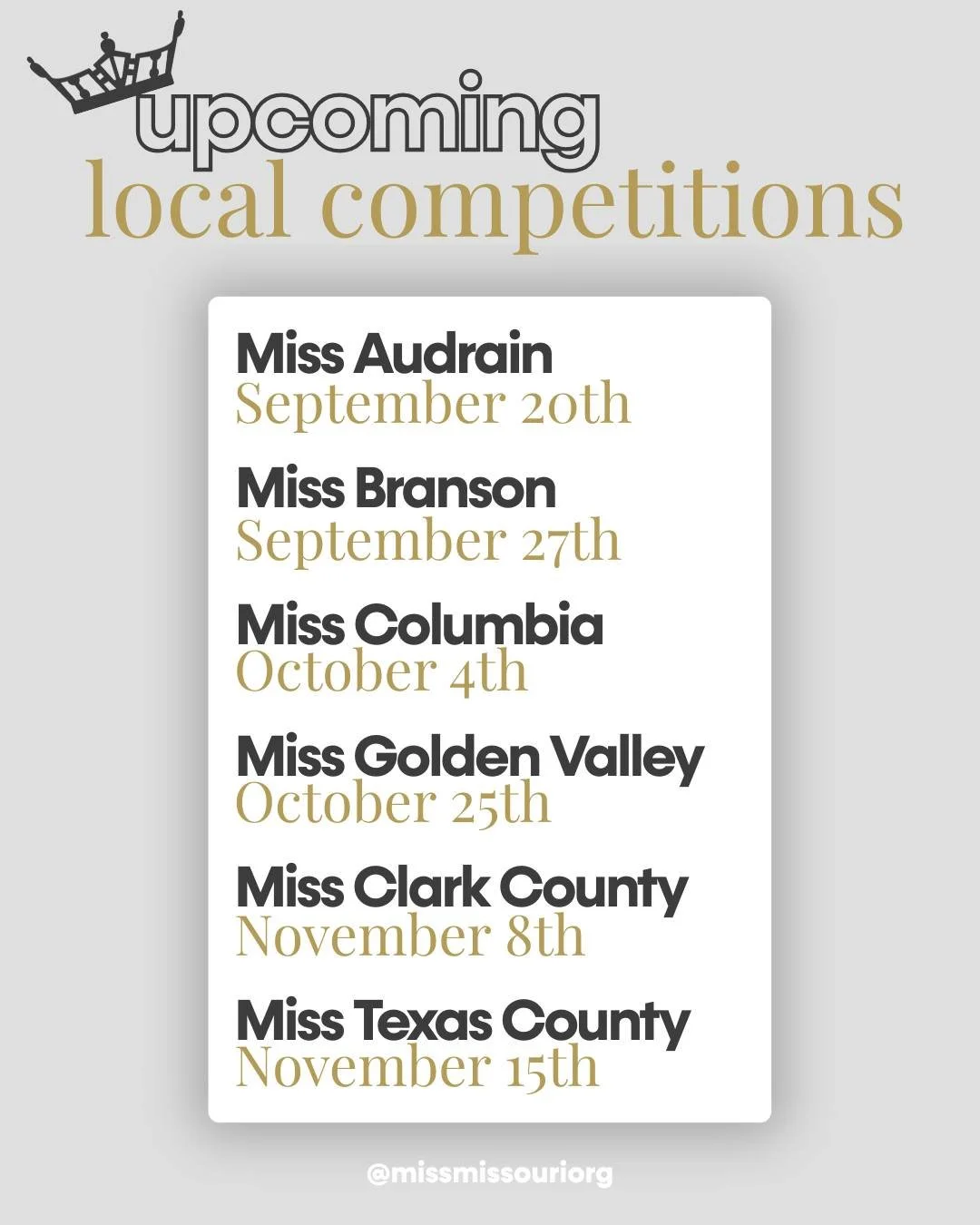 mark your calendars!! 📅

the local pageant season is in full swing here in Missouri, and we are so excited to continue forming the class of 2026!

there are more dates to come, but make sure you are registered for the upcoming pageants happening acr