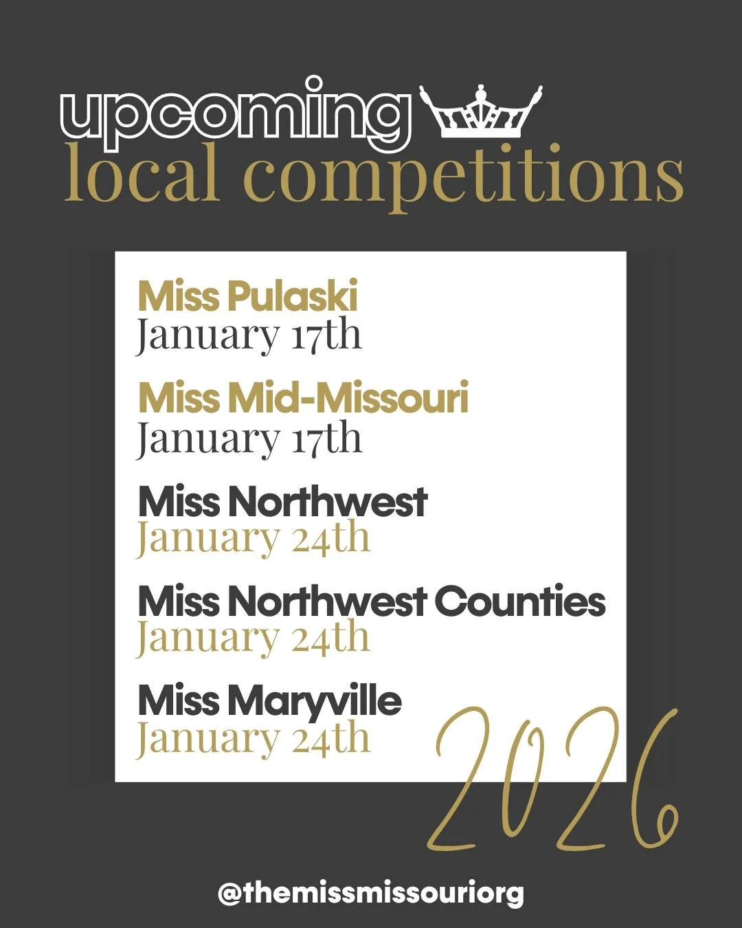 2026 is starting off strongggg! ✨

if you're still sitting back waiting for your dreams to come true, make this the year you take a leap! 

join us at one of our few remaining locals and become a part of the miss missouri and miss missouri's teen cla