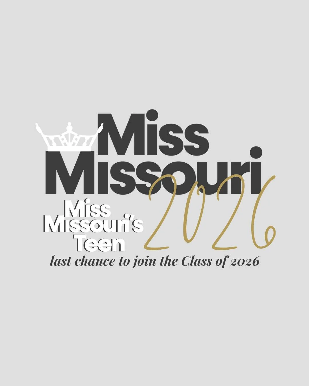 last call to join the class of 2026!!

attention - this weekend marks the last local competition for Miss Missouri and Miss Missouri's Teen 2026.

if you have not already, email Kendell Misemer, kgmise@grm.net, to get register!

know of someone who m