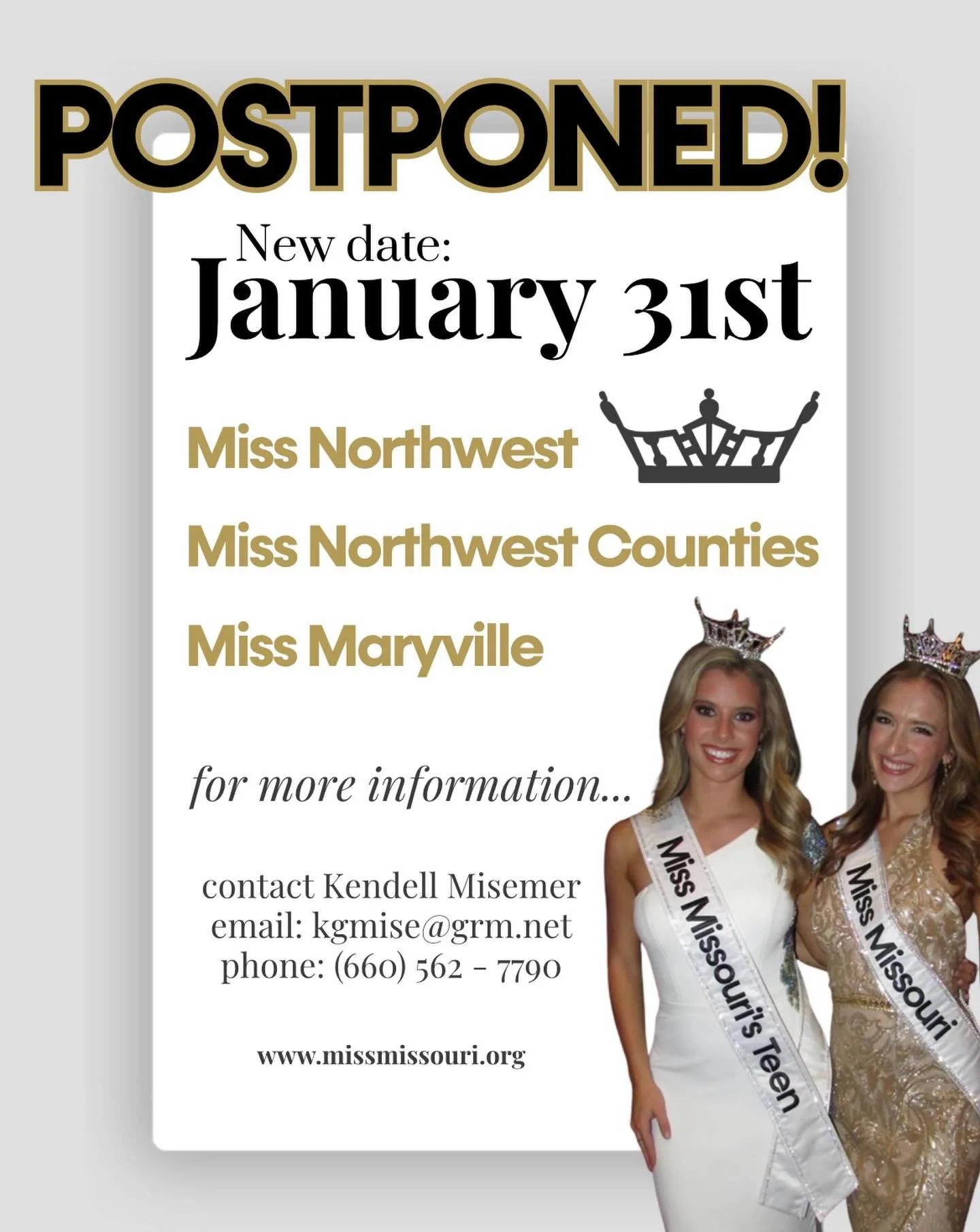 🚨 Schedule Update 🚨
Due to the weather forecast for this weekend and potentially hazardous travel conditions, the Miss Northwest Pageants have been rescheduled to January 31.

The safety of our delegates, families, and volunteers is our top priorit