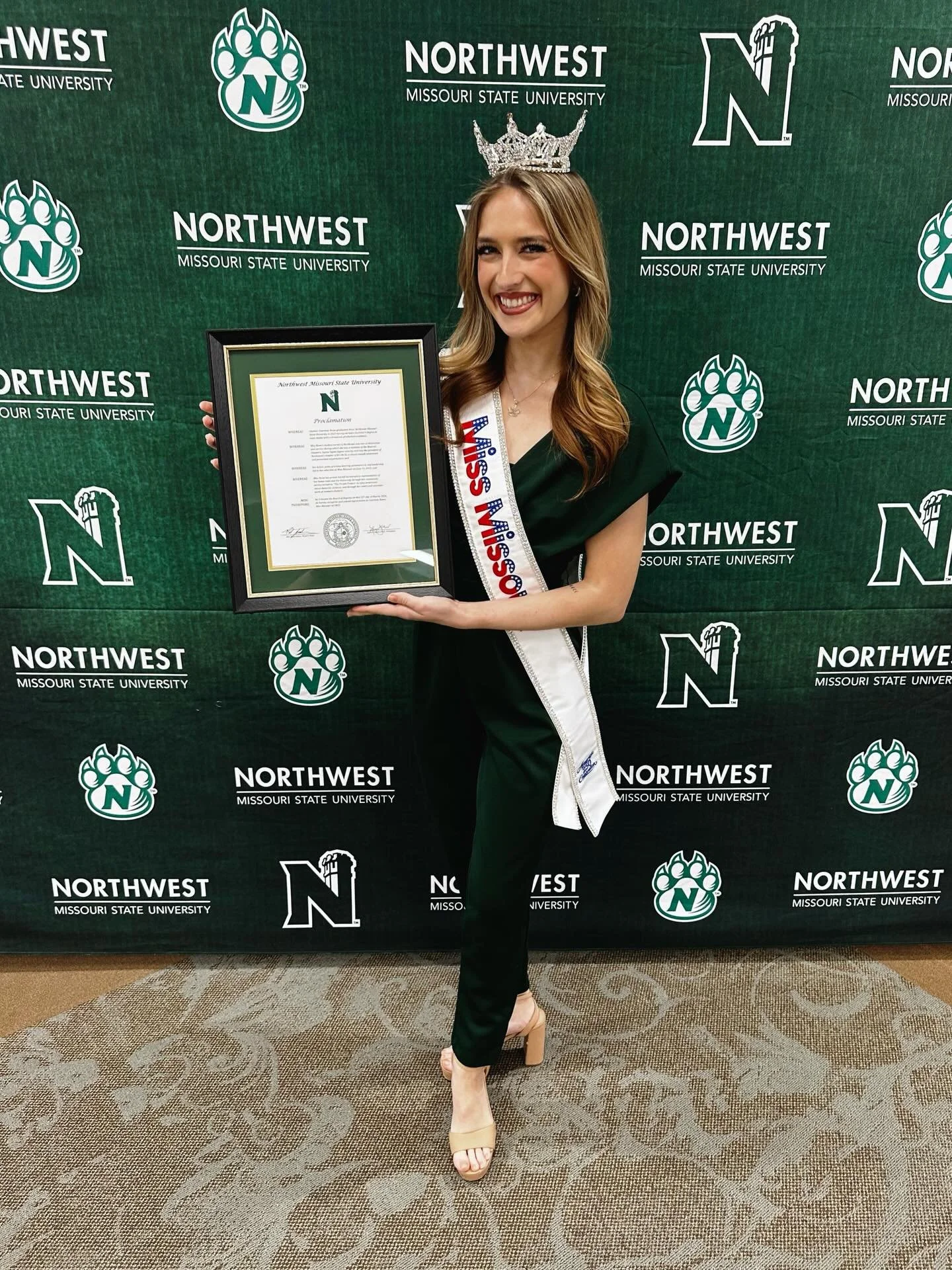 Bearcat forever!! 🐾💚 HUGE thank you to the @nwmostate Board of Regents for this honor! Today I received a proclamation, recognizing my achievements as Miss Missouri. I feel so privileged to represent Northwest Missouri State and what is possible wh