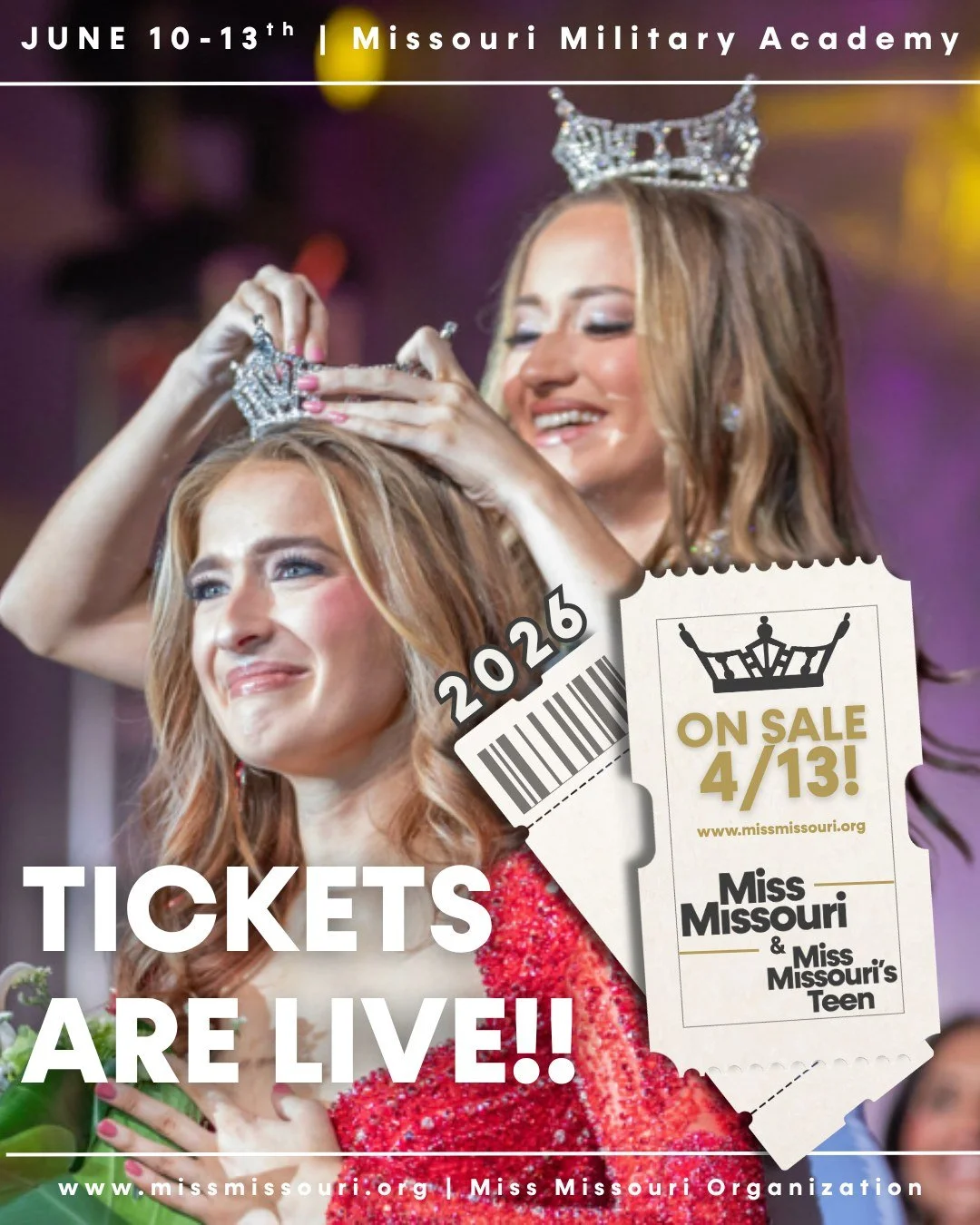 TICKETS ARE NOW LIVE! 🎟️🤩

In just a few easy steps you can lock in your spots to the 2026 Miss Missouri and Miss Missouri's Teen competitions! 

Competition Dates are below ⬇️
June 10th: Teen and Miss Prelims Night 1
June 11th: Teen and Miss Preli
