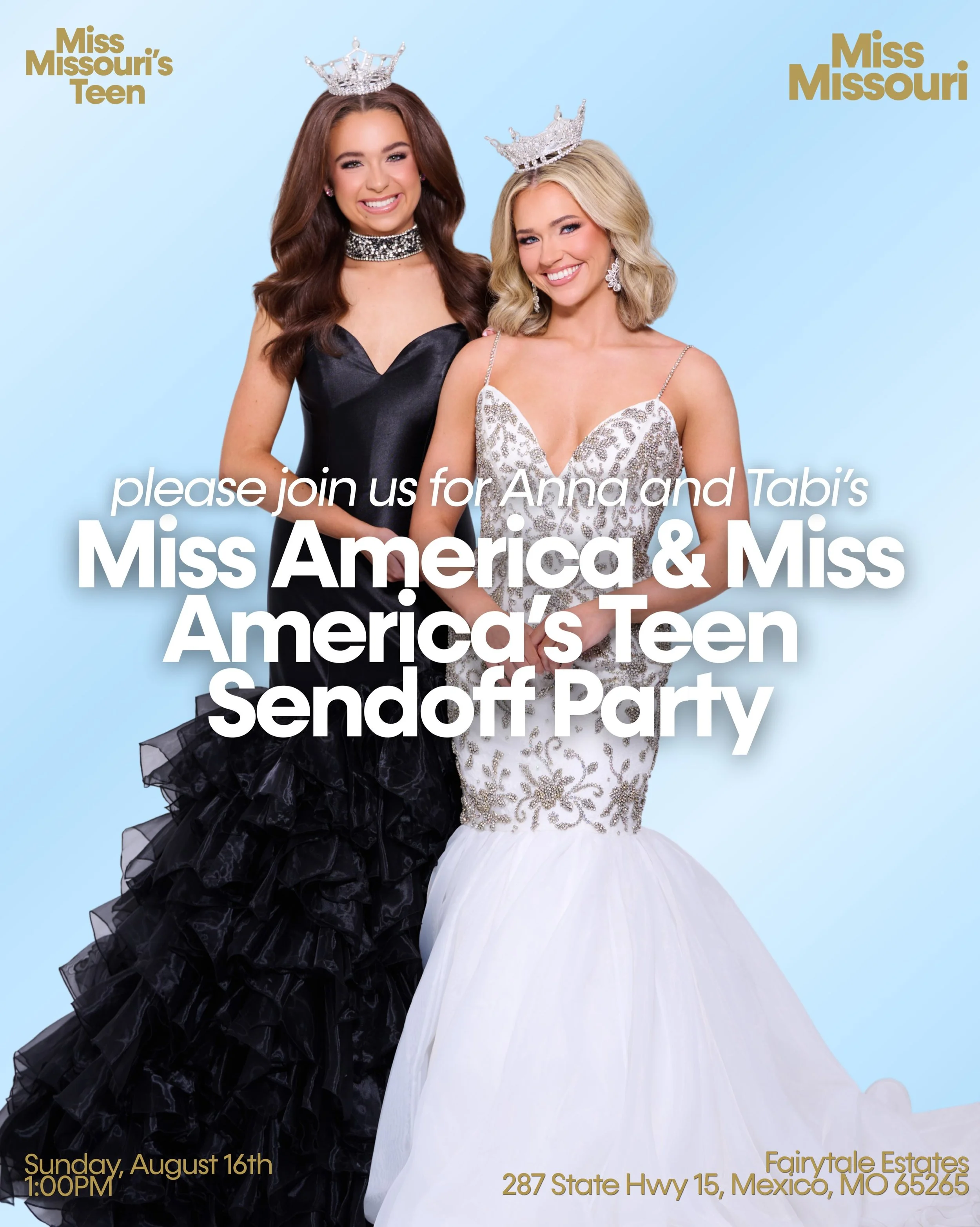 Meet us in Mexico for Anna and Tabi&rsquo;s sendoff party for MISS AMERICA AND MISS AMERICA&rsquo;S TEEN!! 🖤🤍

Sunday, August 16th at 1PM 👑👩🏽&zwj;🐰&zwj;👩🏼👑 SEE YOU THERE!!!!!!