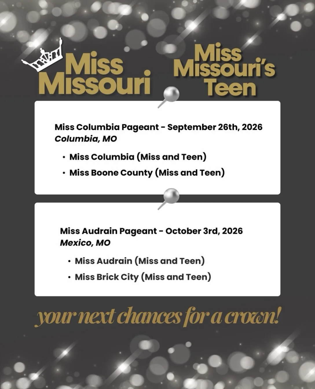 Your 2027 crown could be closer than you think&hellip; 👑

📍 Columbia | September 26
📍 Audrain | October 3
Schedule note: Audrain was rescheduled from September 19 to October 3.

Ready to take your chance? Visit our website and click &ldquo;Local C