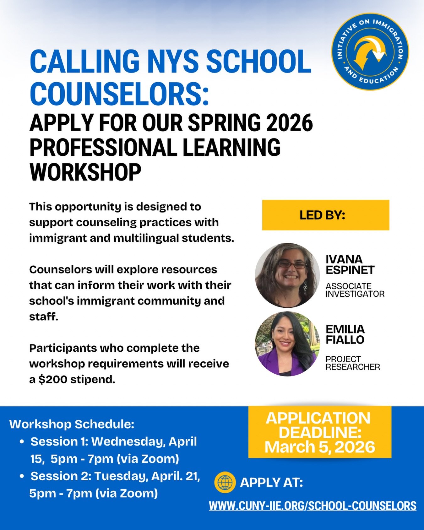 📣 Calling all NYS school counselors!
Apply for our Spring 2026 Professional Learning Workshop designed to support counseling practices with immigrant and multilingual students.

✔️ Virtual sessions
✔️ Practical, research-informed strategies
✔️ $200 