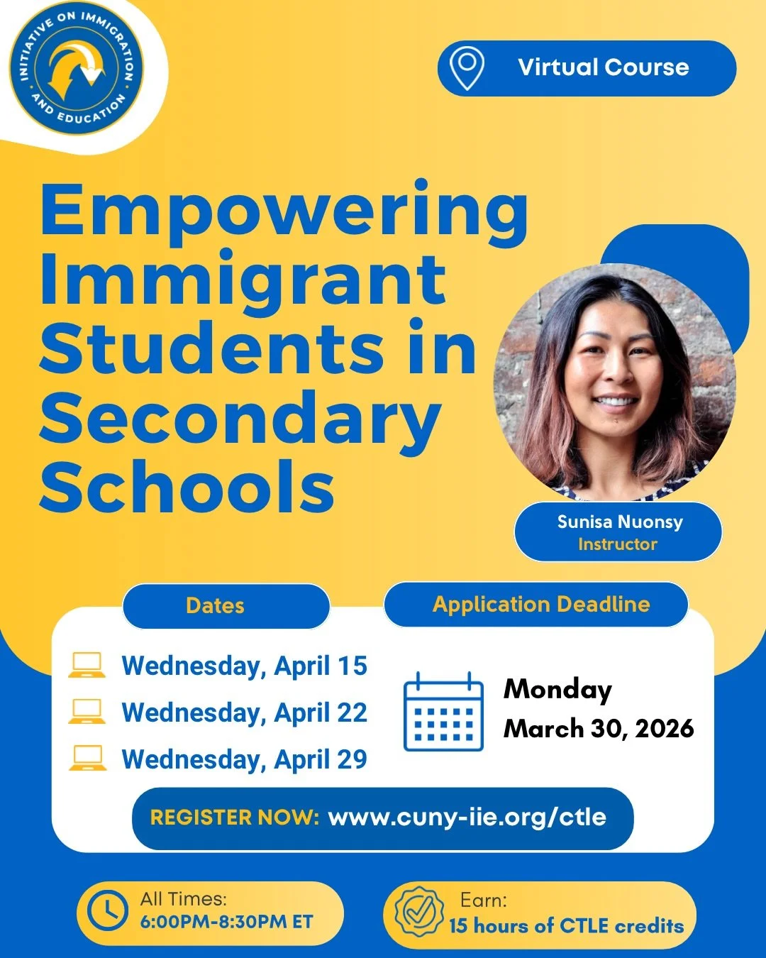 📣 Calling all educators!
Join our free virtual CTLE course, &ldquo;Empowering Immigrant Students in Secondary Schools,&rdquo; and gain tools to better support immigrant youth in your classrooms and communities.

📅 Wednesday, April 15, 22 &amp; 29

