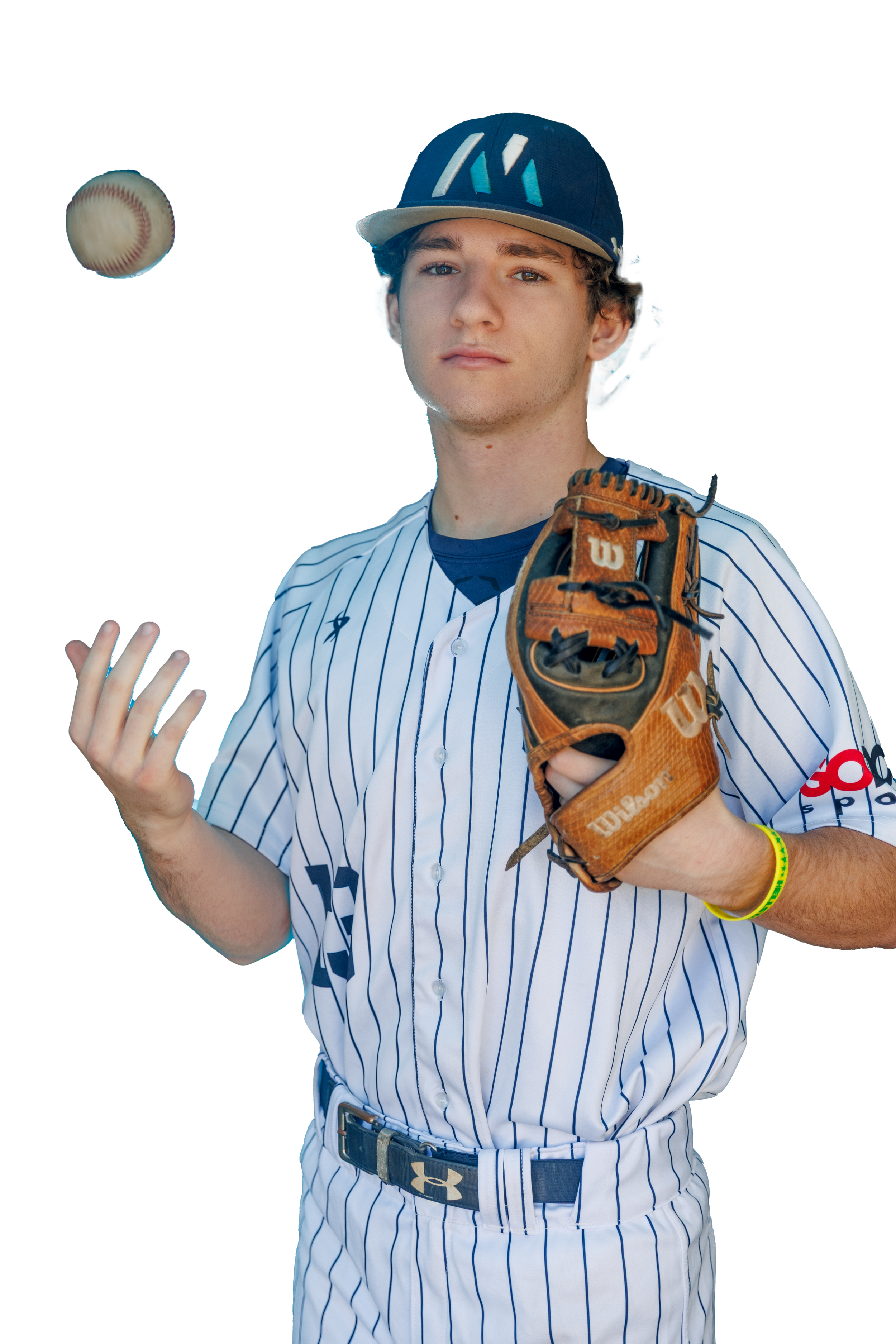 Baseball player in uniform with glove, throwing ball up right right hand