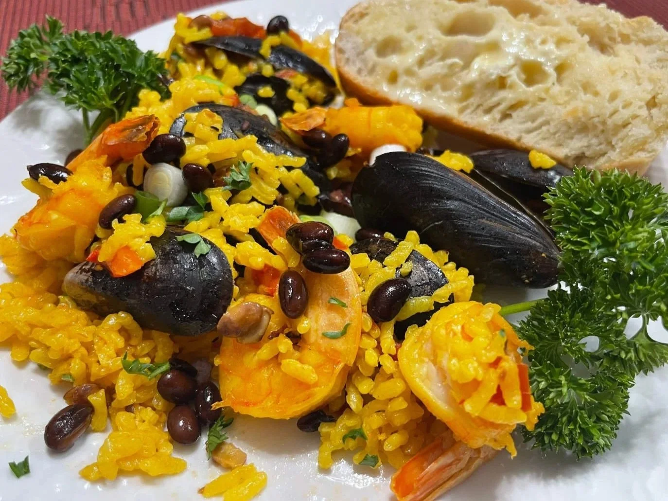 Golden Paella with Shrimp, Mussels &amp; Black Soybeans
