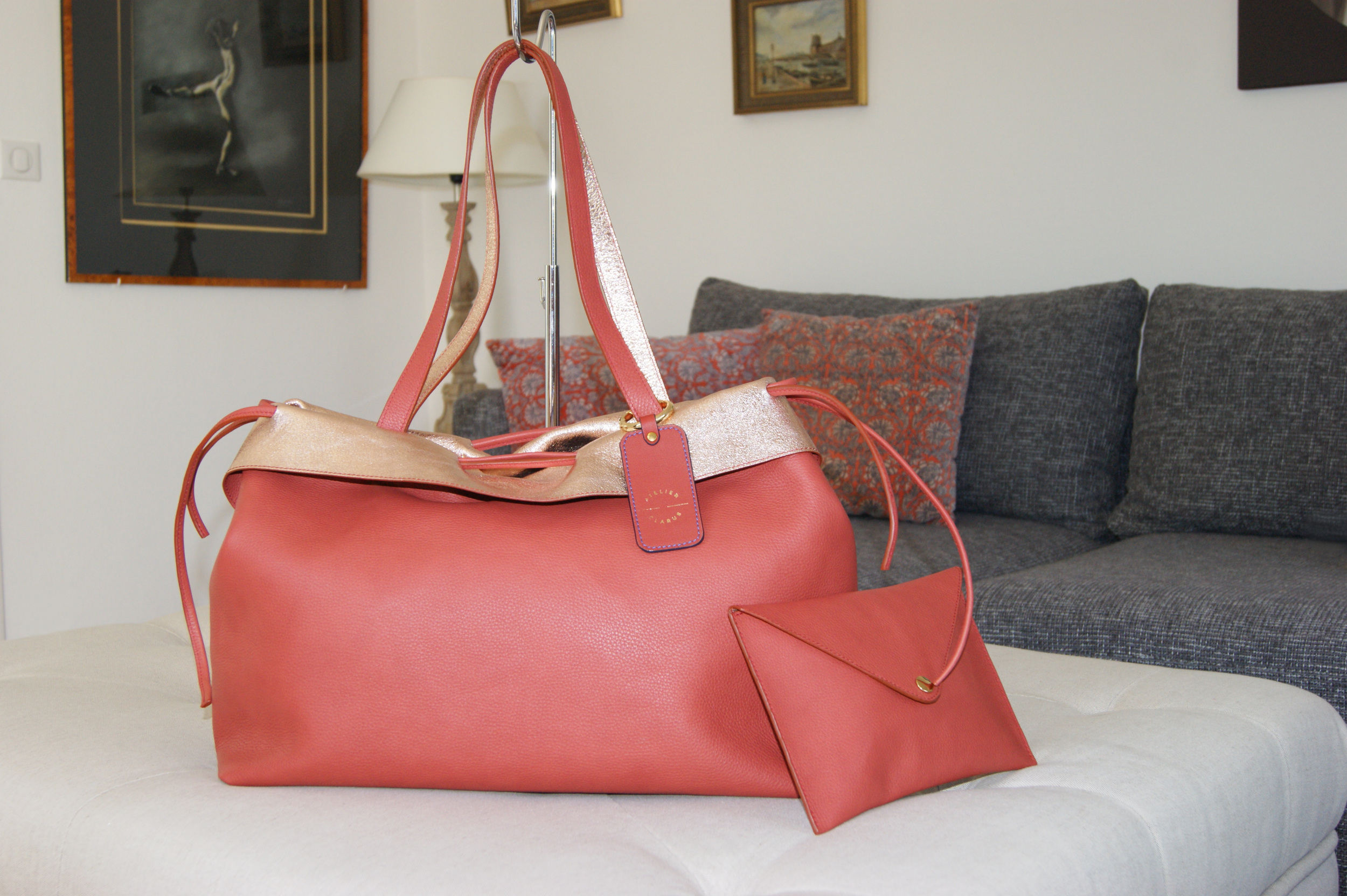 Sac "Signature" et sa pochette - Cuir grainé rouille intérieur métallisé rose gold