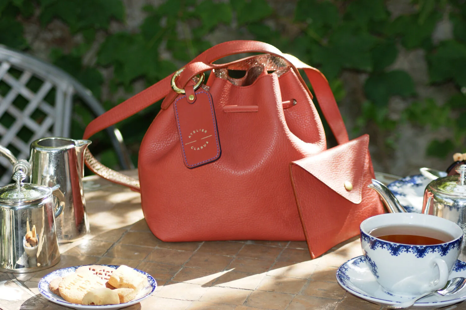 petit sac mini seau et pochette cuir rouille à l'heure du thé