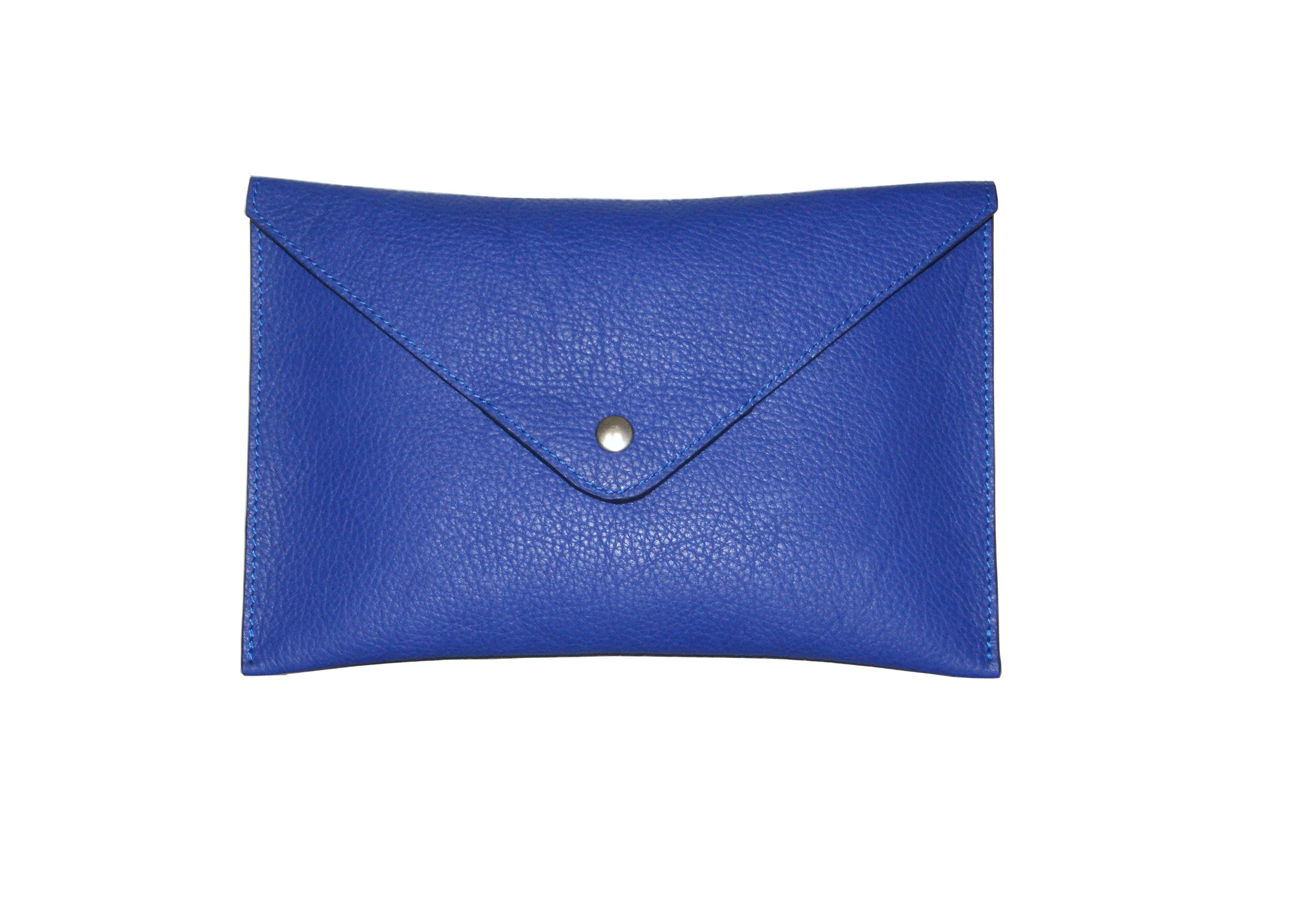 Grande pochette - Cuir grainé bleu cobalt intérieur cuir métallisé argent