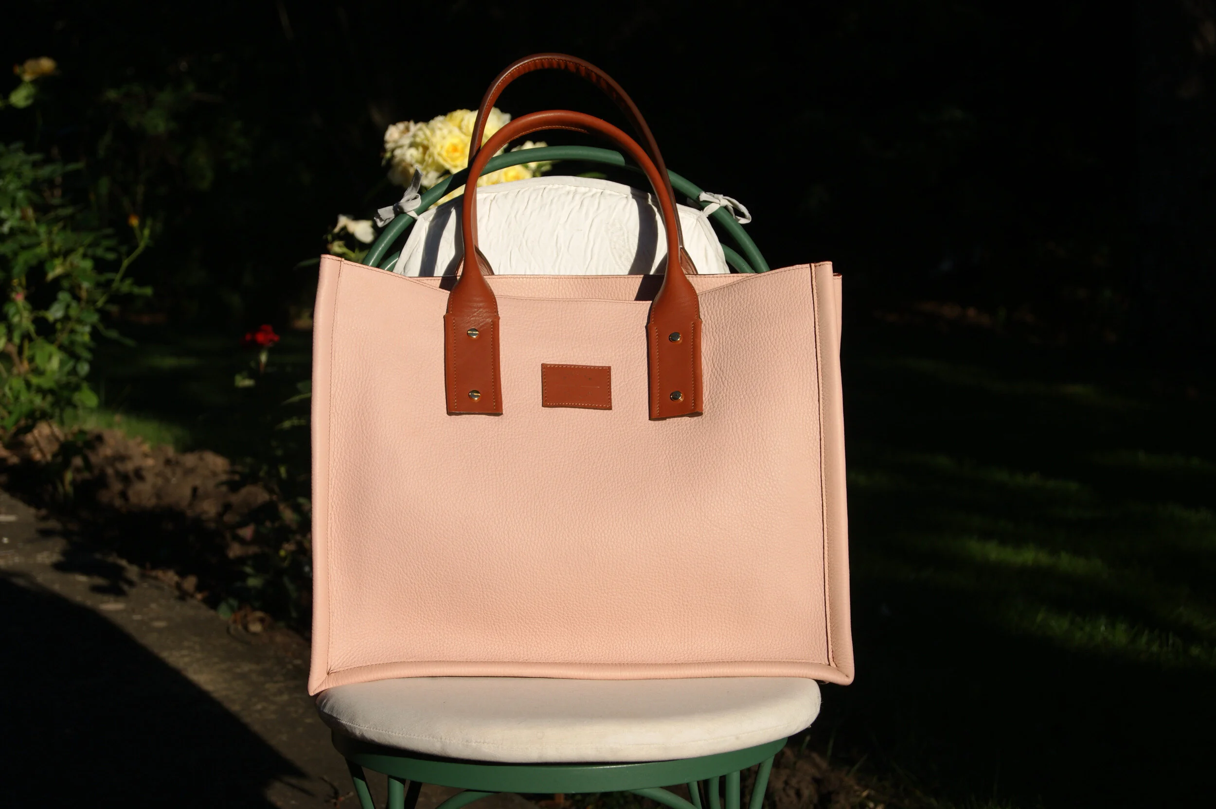 grand sac cabas cuir grainé rose nude anses cuir cognac