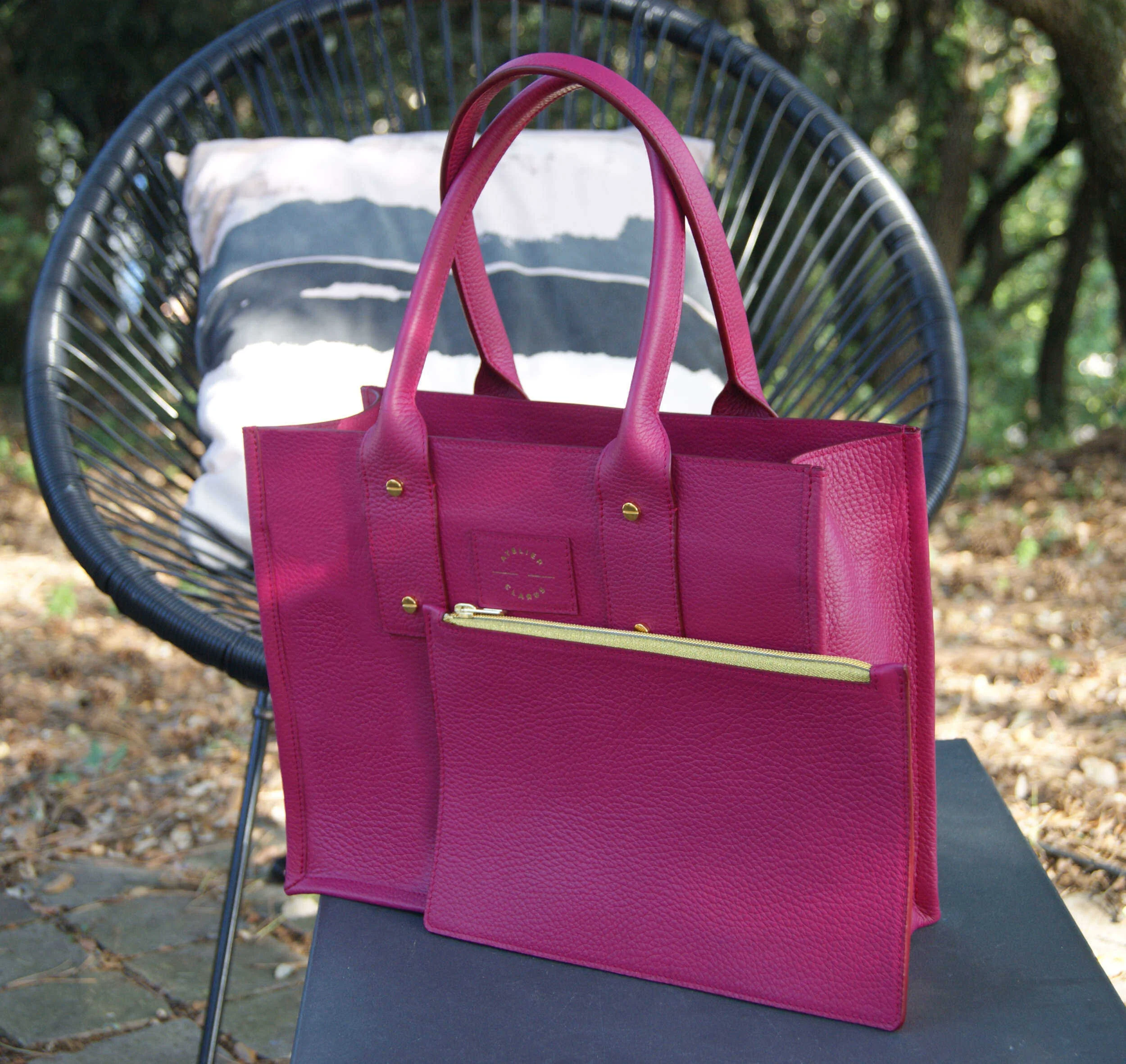 Création française sac sur mesure petit cabas cuir grainé français fuschia bougainvillier (copie)