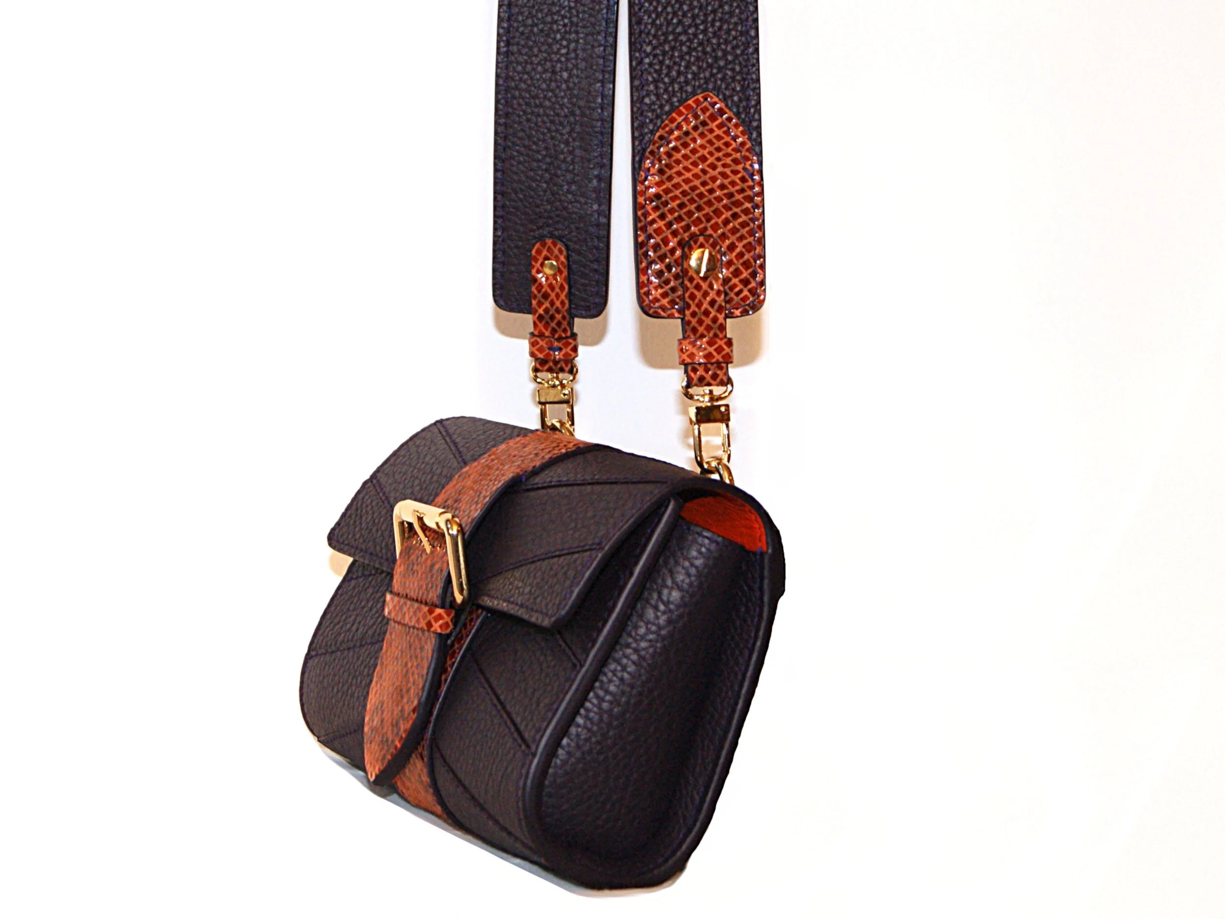 Sac  "Tout Mini" en cuir grainé violet encre et ocre orangé