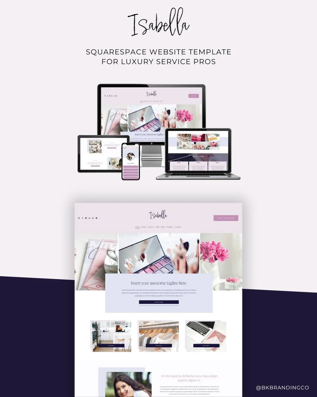 The Isabella Template from the BK Branding Co Template Collection. Isabella is playful, feminine, and fashionable, crafted for brands that embrace elegance with a fun twist. Elevate your brand with a design that captures style and charm, ensuring you