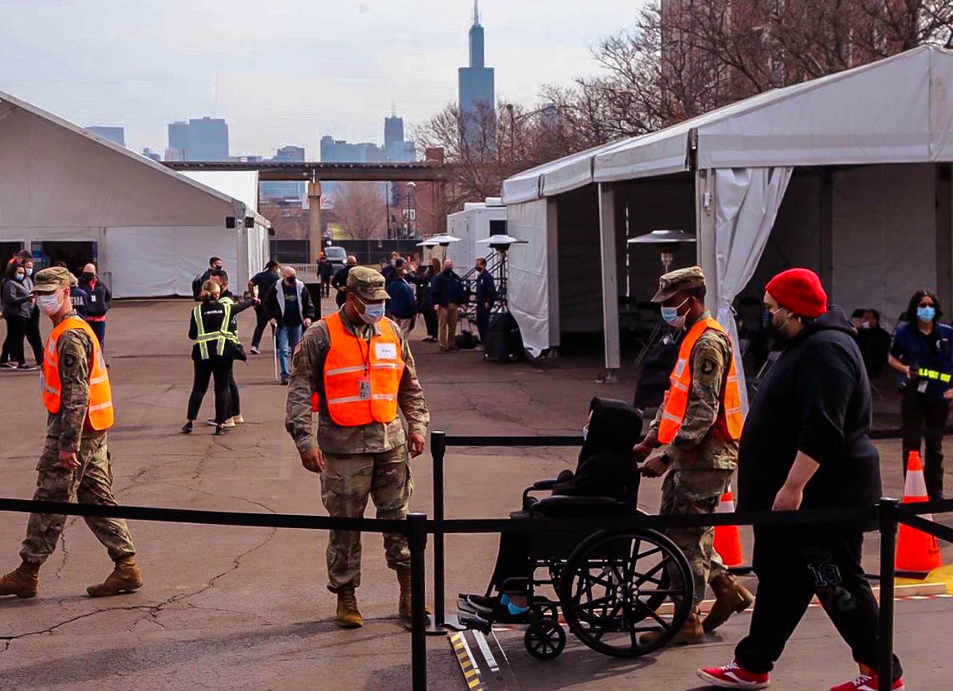 Military team at entrance of United Center Vaccination Site