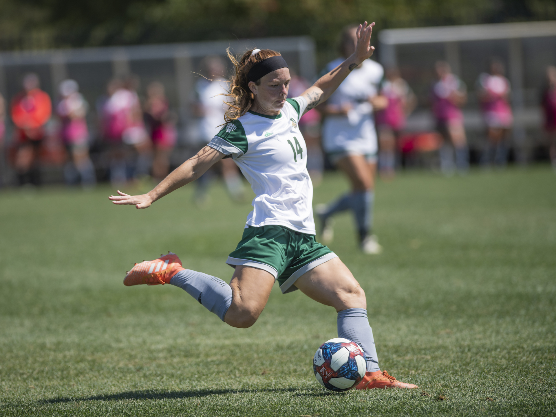  Victoria Breeden kicks the ball to a teammate on Sunday, September 8, 2019. Breeden and the Ohio Women’s Soccer team went on to win their match 7 to 0 after only scoring one goal in the first half. 