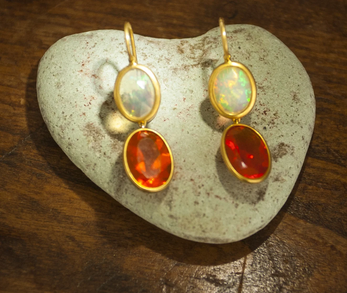 Double Drop Crystal Opal and Fire Opal Earrings 