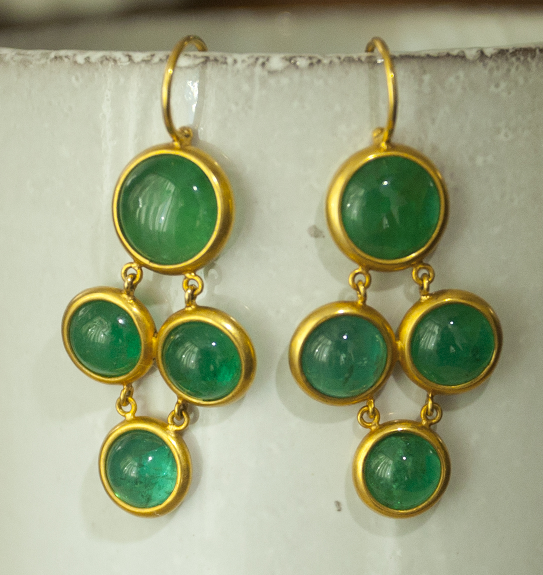 22k Gold 4 Stone Cabochon Emerald Earrings 