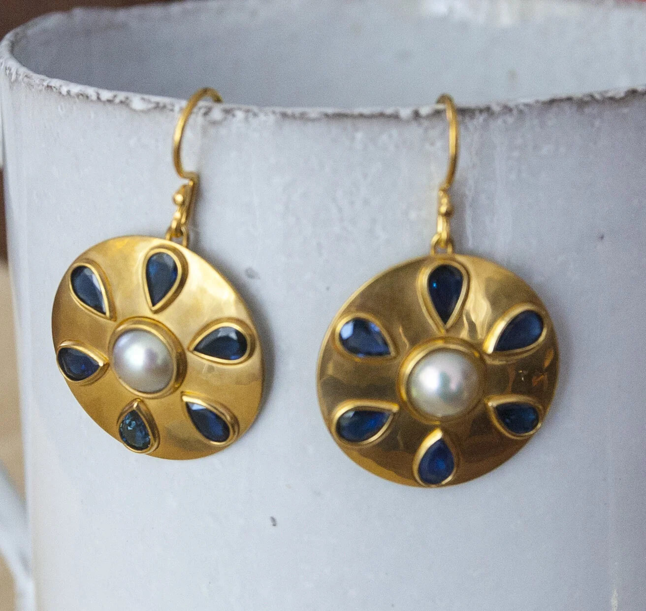 22K Sheet Gold Earrings with Sapphire and Pearl