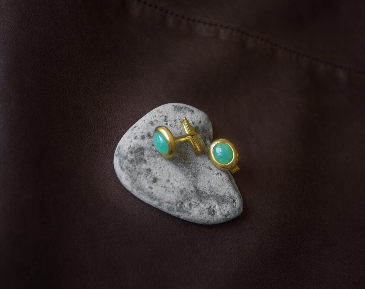 Mens 22k Gold Cuff Links with Cabachon Chrysophrase