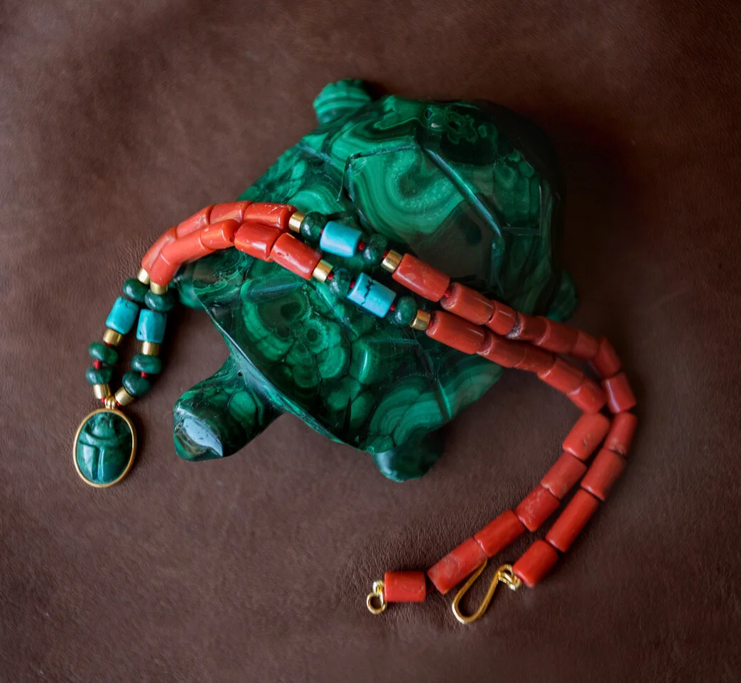 Mens Coral and Turquoise Necklace with Malachite Scarab Pendant 