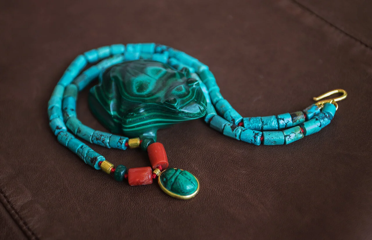 Mens Turquoise and Coral Necklace with Malachite Scarab Pendant 