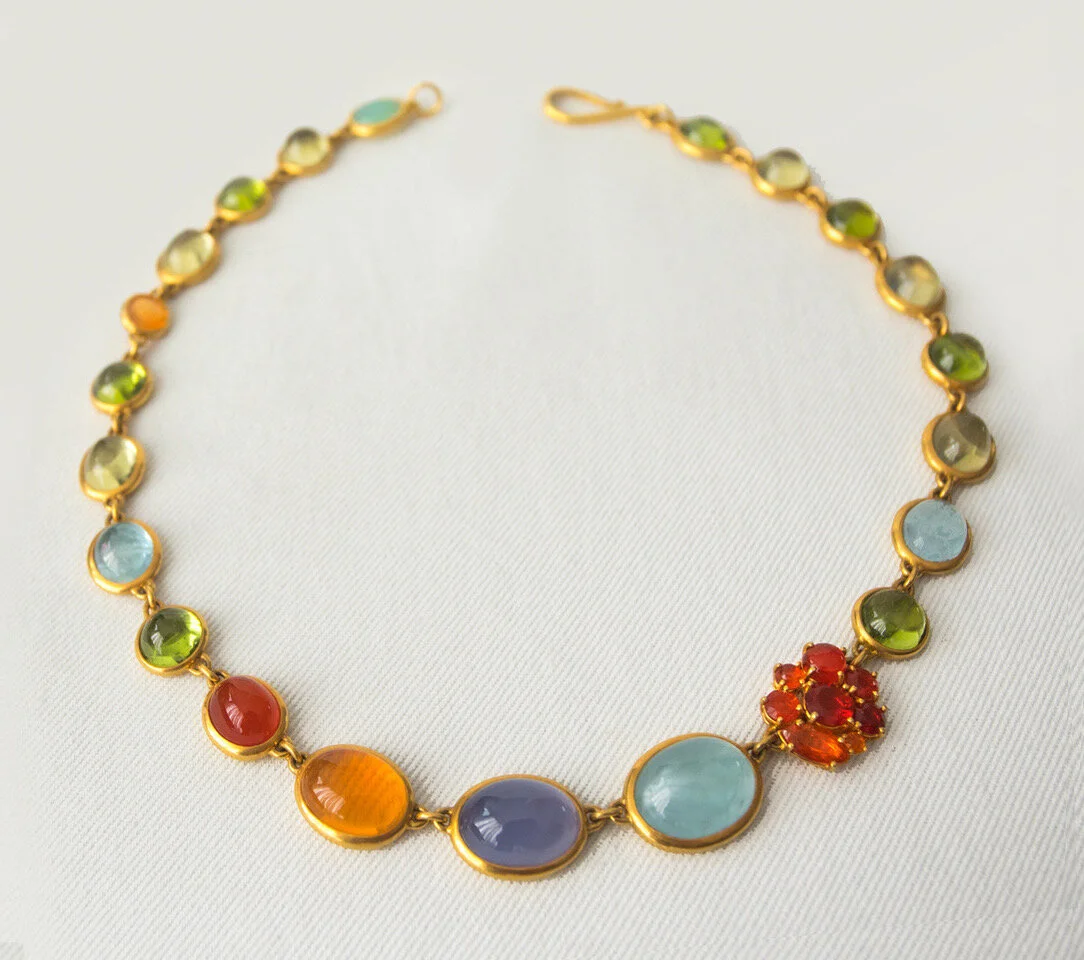 22k Gold Multi Stone necklace with fire opal flower cluster