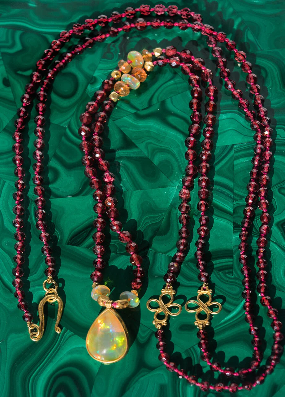 Long Garnet Necklace with African Opal Pendant