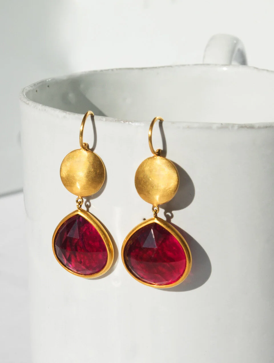 Double drop sundisc and rosecut rubelite earrings