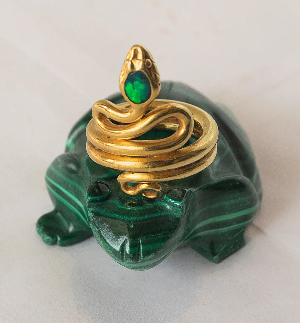 22K Gold Serpent Ring with Black Opal