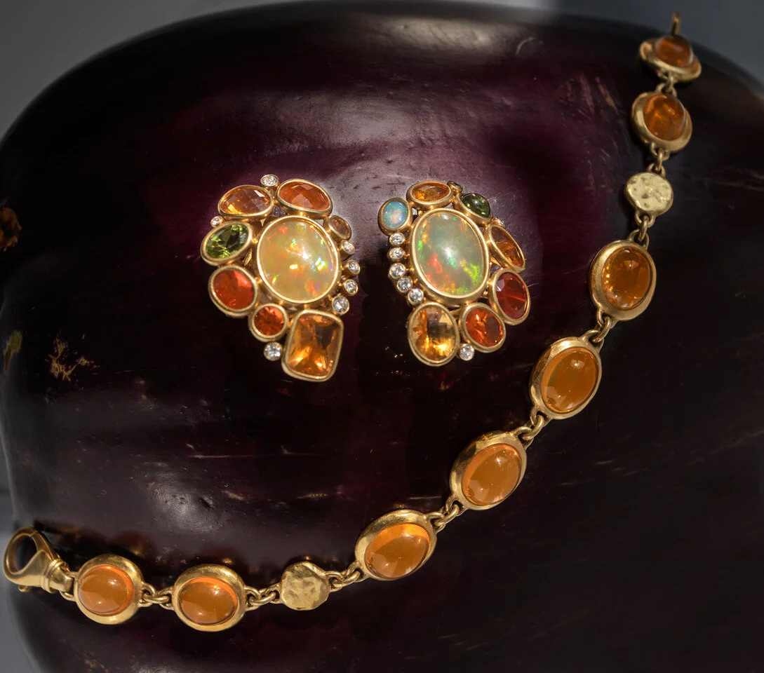 22K Gold Fire Opal, African Opal, Peridot and Diamond Cluster Earrings 