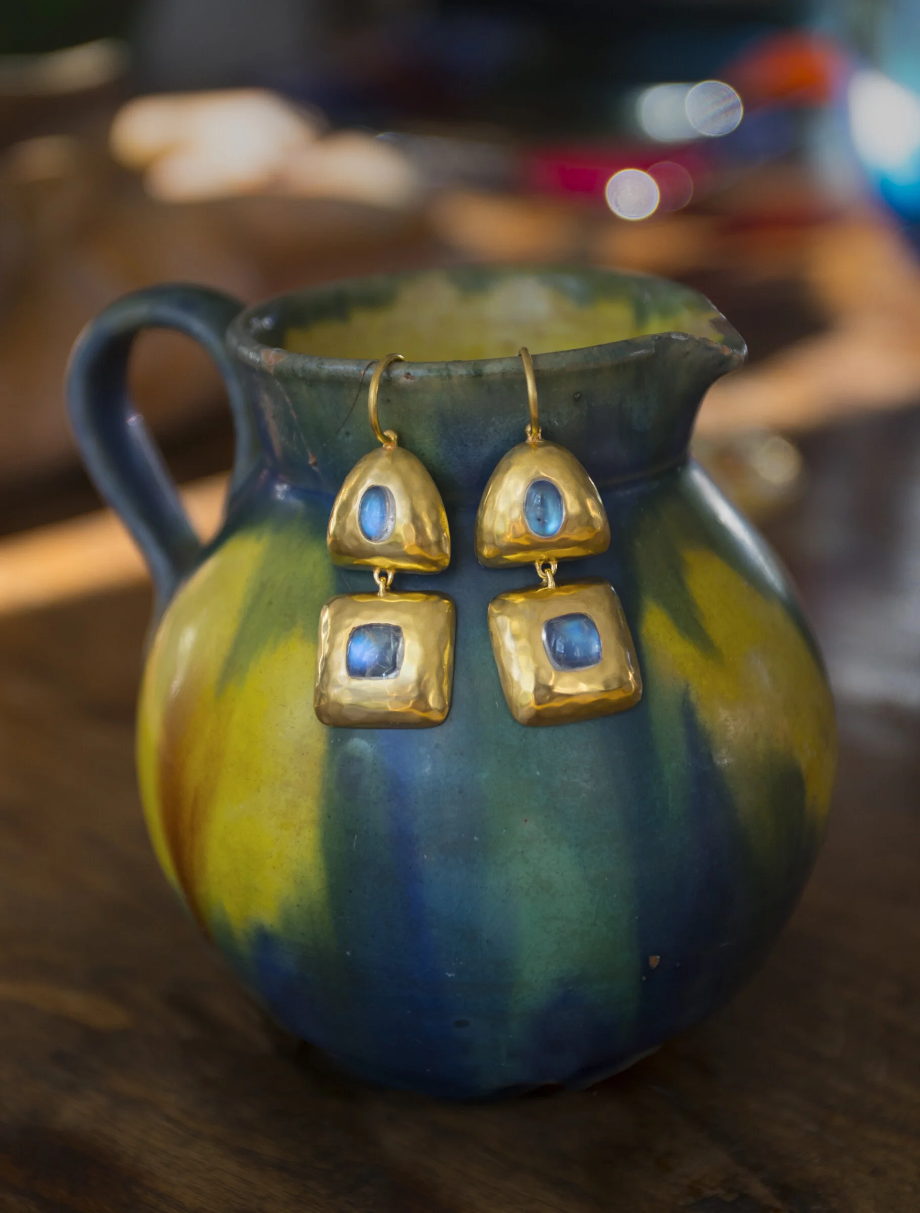 22k gold klimt double drop triangle and cushion cut moonstones