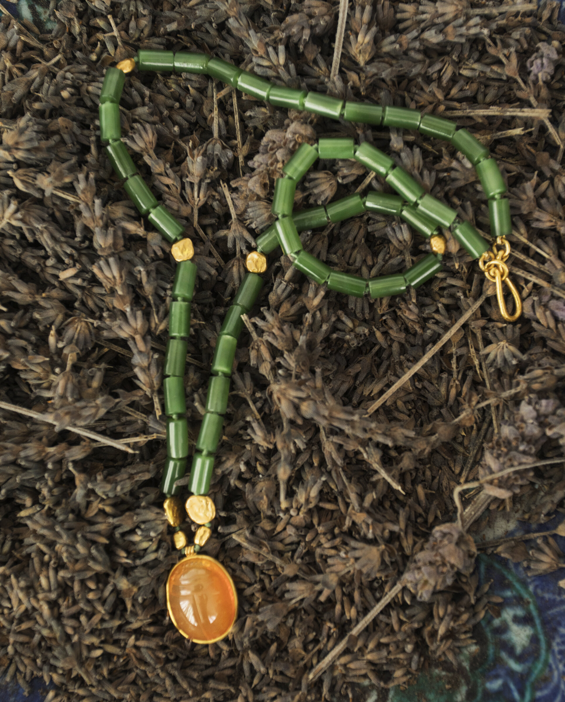Jade Necklace with 22k Gold coin nuggets and Fire Opal Scarab pendant