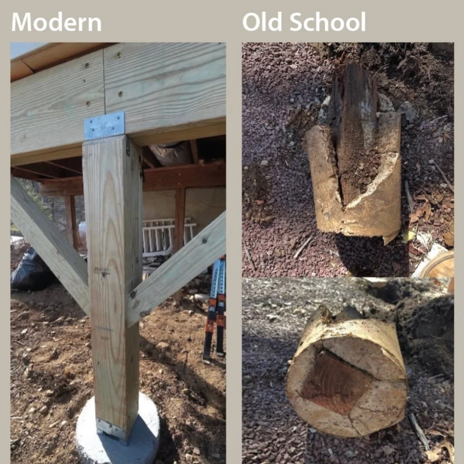 Modern 
&bull;concrete footing pinned to ledge rock with rebar and epoxy. It cannot shift off the ledge rock laterally due to the rebar. Epoxy keeps water out of the hole to prevent rebar from rotting. Concrete is then poured. 

&bull;post base brack