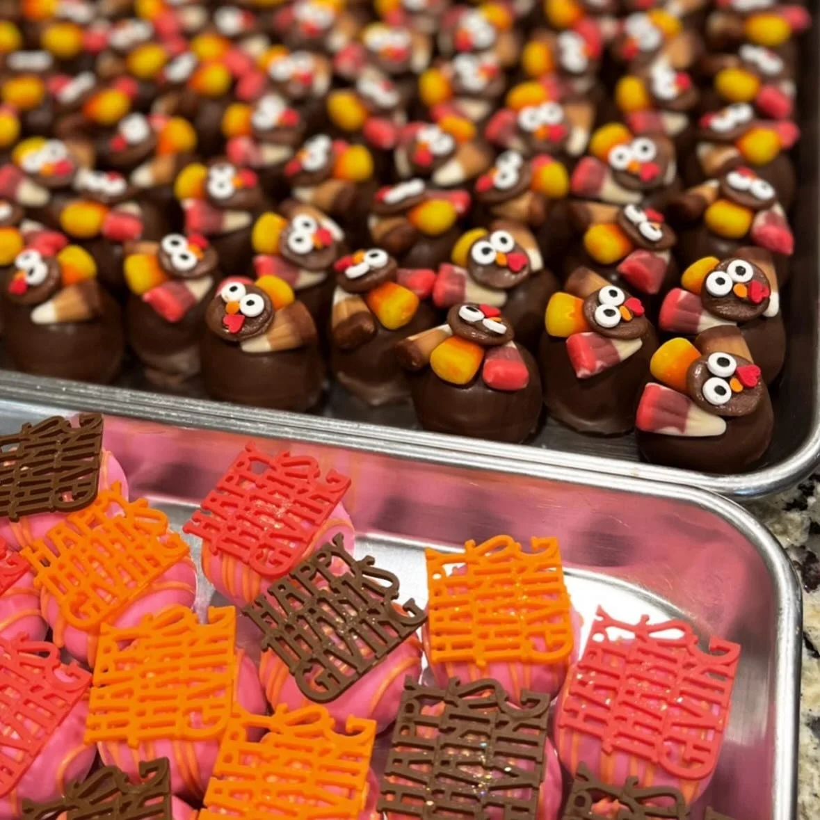 Wildly behind this Thanksgiving season (thanks Disney!) so enjoy a photo from last year&rsquo;s orders. I will be taking a limited # of Thanksgiving dozens for pickup next week! $25 sprinkled dozens, $30 assorted dozens (sprinkles, give thanks plaque