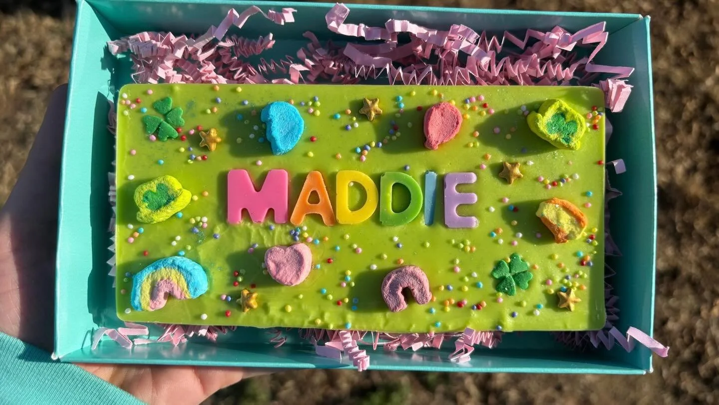 Personalized lucky charm bars are here just in time for St. Patrick&rsquo;s day!🍀🌈🌛💗🎈☄️💫

$10 each, will come individually wrapped with a cute bow! Pickup the 14th, 15th, or 16th✨ DM to order!