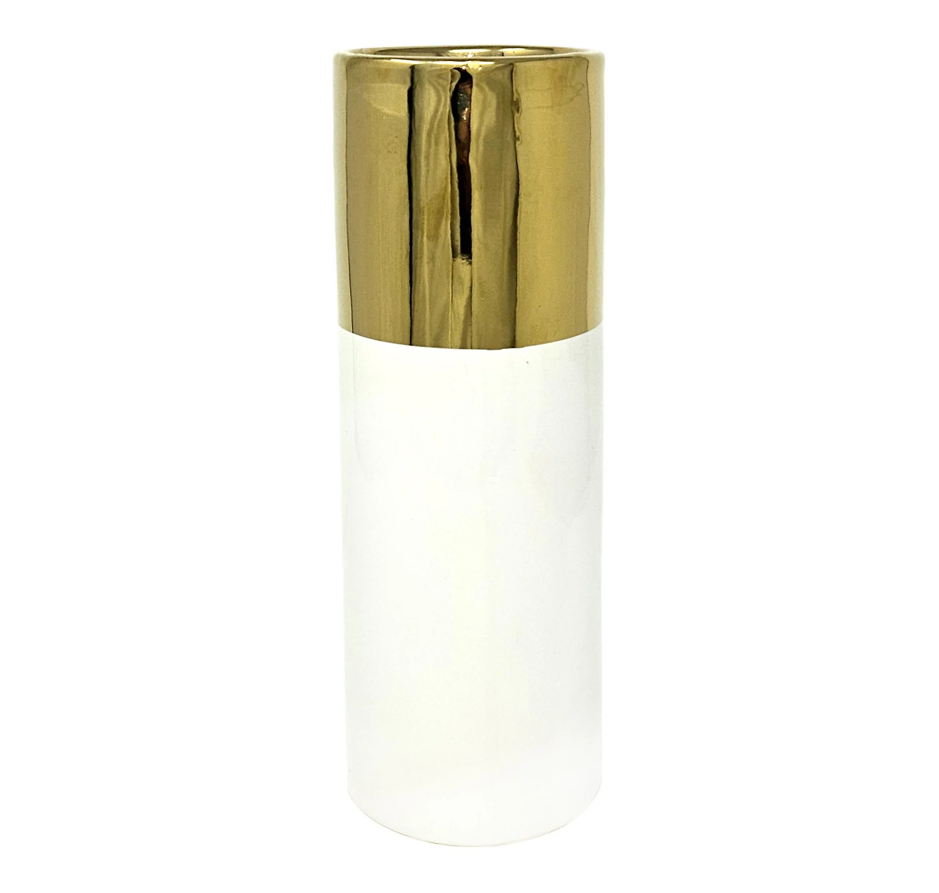 WHITE CERAMIC VASE WITH ELECTROPLATED GOLD BAND 12"
