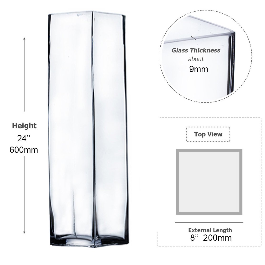 6" by 24" CLEAR GLASS SQUARE TALL VASE