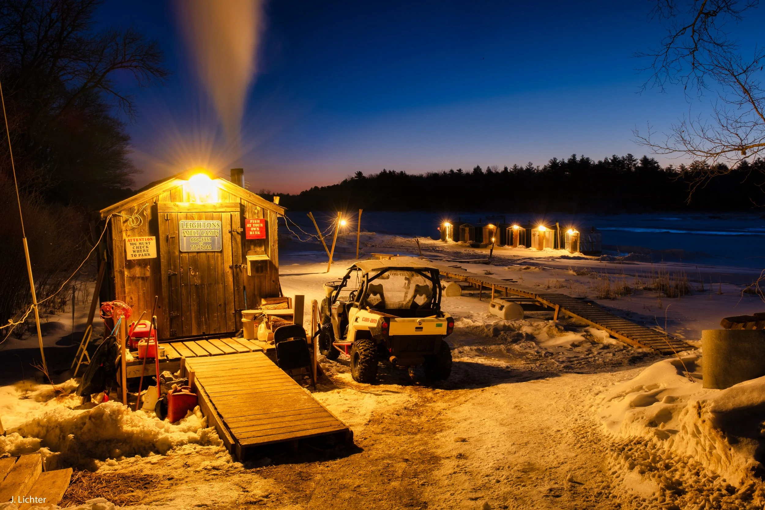 Leighton's Smelt Camps.  Merrymeeting Bay.  Bowdoinham, Maine.