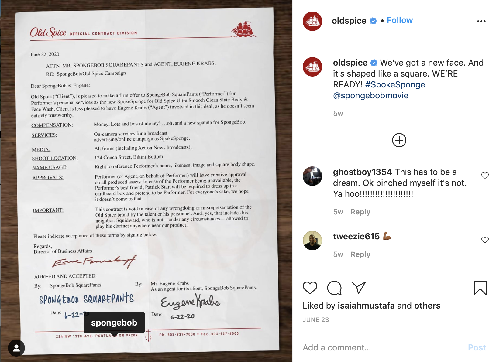 Old Spice Announcement: SpongeBob Squarepants Is Our New Spokesponge